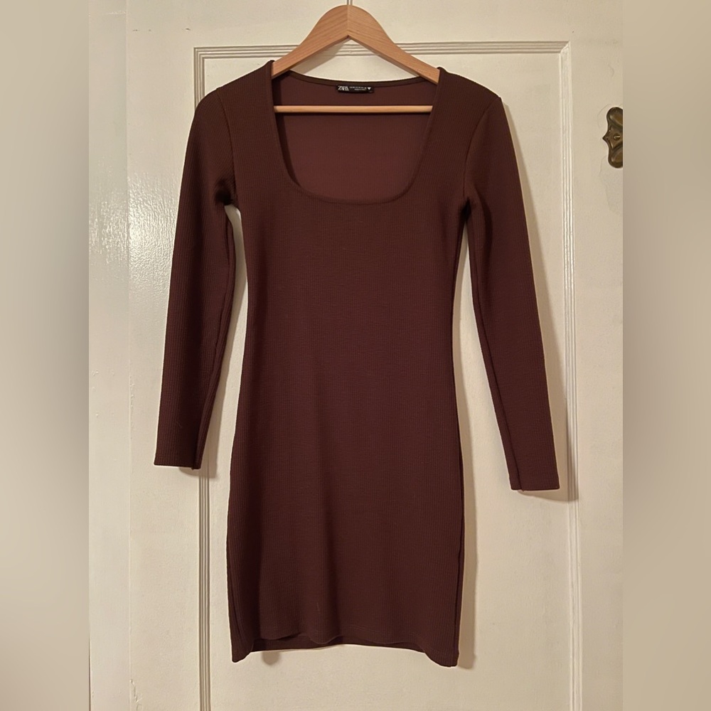 Zara seamless mini dress, rich brown color, long sleeves, stretch. Medium size🏈